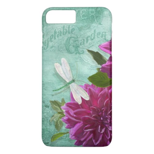 Vintage Dragonfly w Purple Dahlia Painted Flowers iPhone 8 Plus7 Plus Case