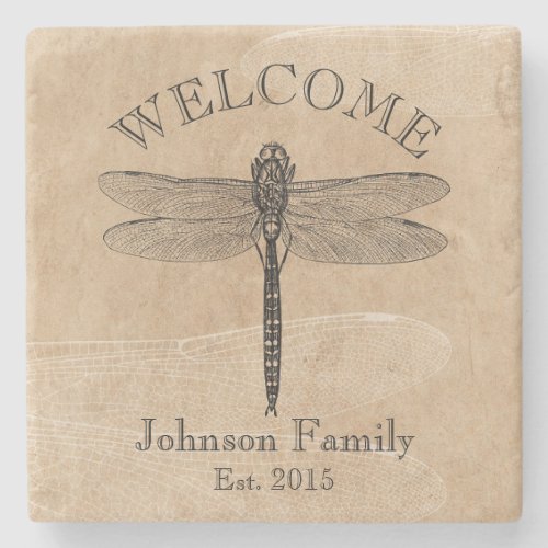 Vintage Dragonfly Welcome Signature Stone Coaster