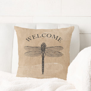 Vintage Dragonfly Welcome Throw Pillow