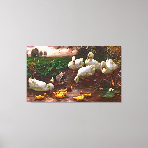Vintage Drake With White Ducks  Yellow Ducklings Canvas Print