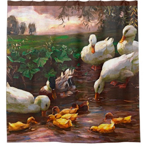 Vintage Drake With White Ducks  Yellow Ducklings Shower Curtain