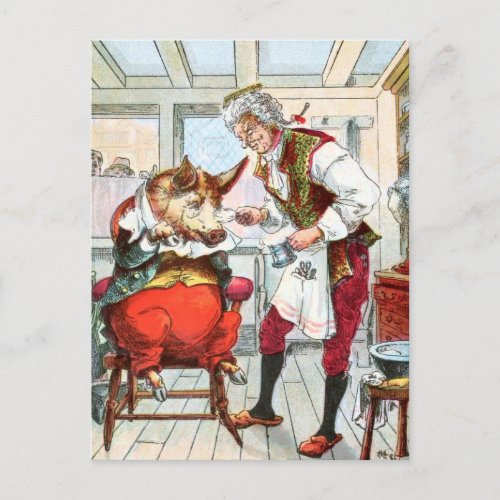 Vintage Drawing Barber Shave a Pig Postcard