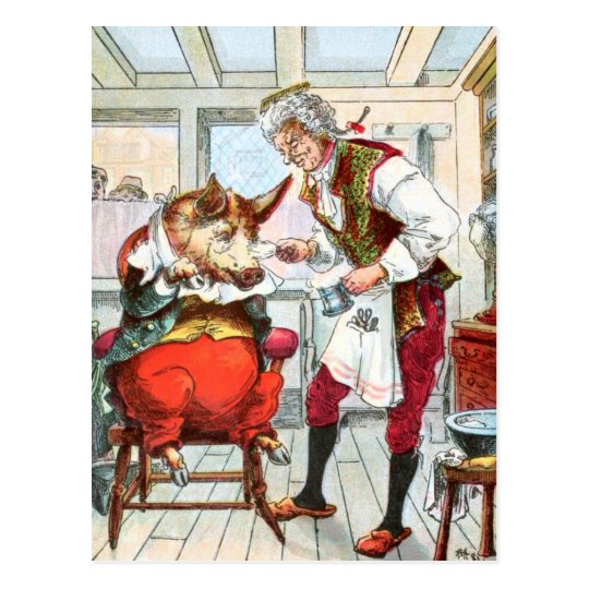 Vintage Drawing Barber Shave a Pig Postcard