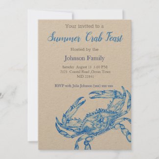 Vintage Drawing  -  Blue Crab  Boil Invitation