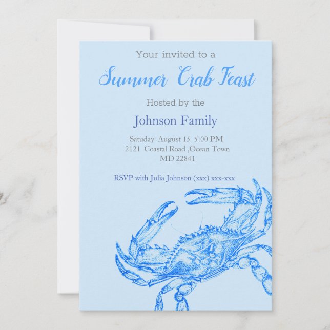 Vintage Drawing  -  Blue Crab  Boil Invitation (Front)