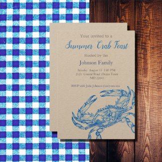 Vintage Drawing  -  Blue Crab  Boil Invitation