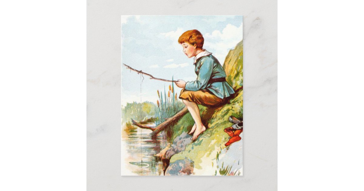 Vintage Drawing: Boy Fishing in a River Postcard