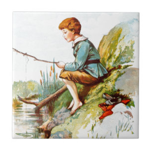 Vintage Drawing: Boy Fishing in a River Tile