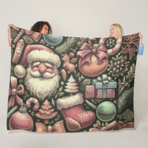 Vintage Drawing Christmas Motifs Green Fleece Blanket