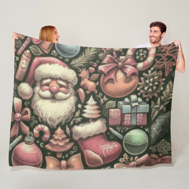 Vintage Drawing Christmas Motifs Green Fleece Blanket (In Situ)