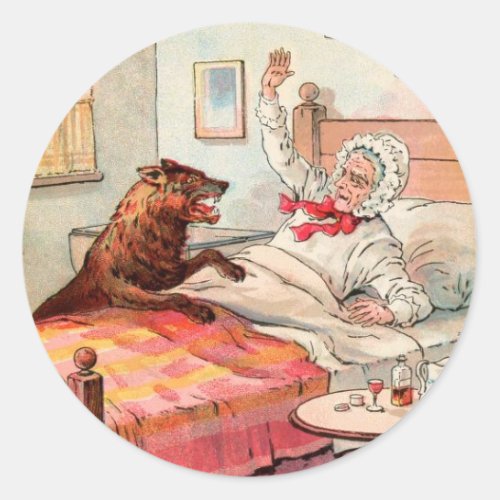 Vintage Drawing Grandma and the Wolf Classic Round Sticker