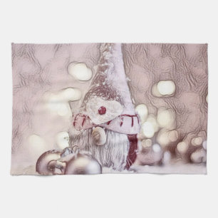Vintage Drawing of a Pink Gnome on snow Kitchen Towel