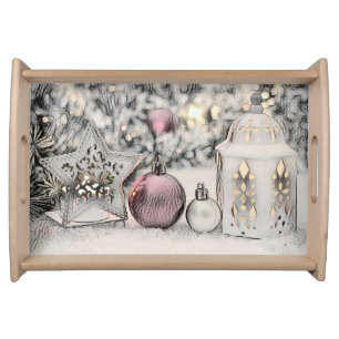 Vintage Drawing of a Red Car and Christmas Trees Serving Tray