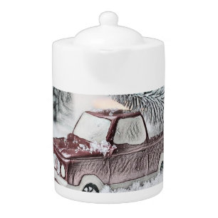 Vintage Drawing of a Red Truck with Christmas Tree Teapot