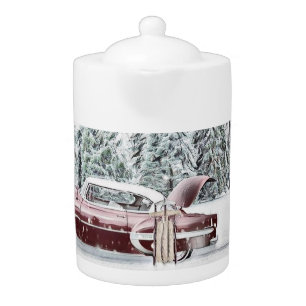 Vintage Drawing of a Red Truck with Christmas Tree Teapot