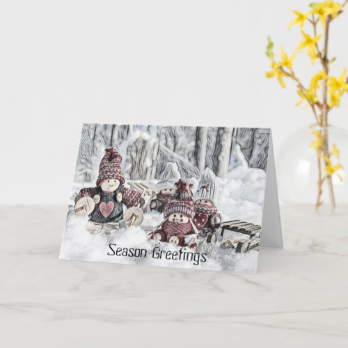 Vintage Drawing of Gnomes in the Snow  Card