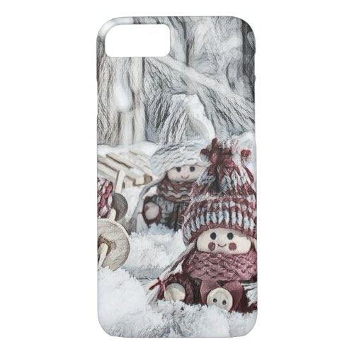 Vintage Drawing of Gnomes in the Snow  iPhone 87 Case