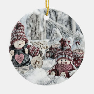 Vintage Drawing of Gnomes in the Snow  Ceramic Ornament