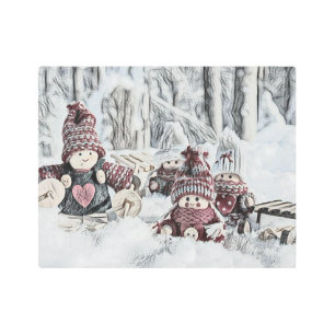 Vintage Drawing of Gnomes in the Snow Metal Print