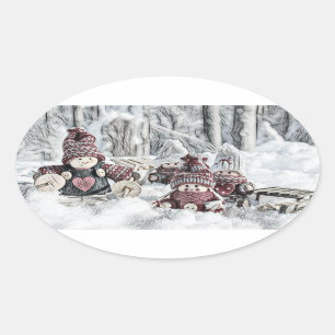 Vintage Drawing of Gnomes in the Snow Oval Sticker