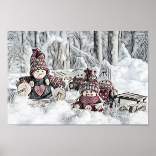Vintage Drawing of Gnomes in the Snow Poster