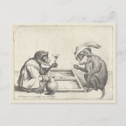 Vintage drawing of monkeys playing backgammon postcard