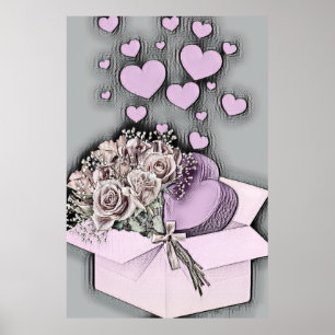 Vintage Drawing of Pink Hearts and Roses in Box Poster