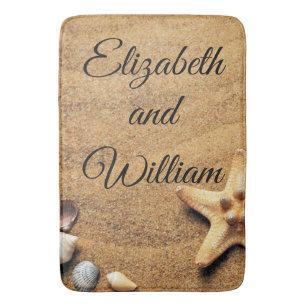Vintage Drawing of Seashells on Sand Bath Mat