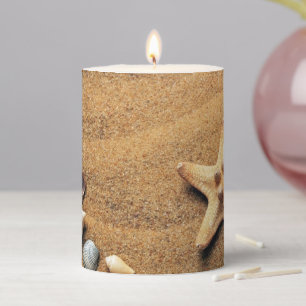 Vintage Drawing of Seashells on Sand Pillar Candle