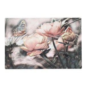 Vintage Drawing Pink and Grey Roses Butterfly Placemat