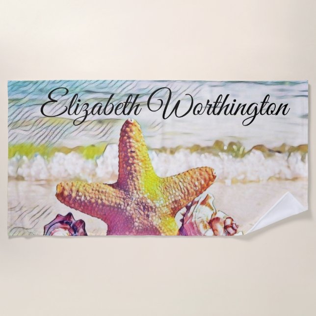 Vintage Drawing Pink Yellow Star Seashells Beach Towel (Front)