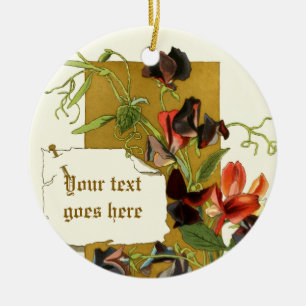 Vintage drawing red purple sweet pea ornament