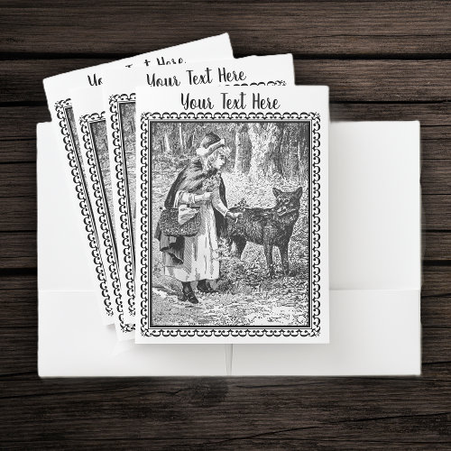 Vintage Drawing Riding Hood Forest Wolf in Frame Pocket Folder