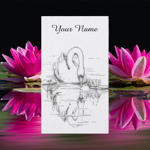 Vintage drawing -  Swan reflection - black&white Business Card