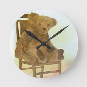 Vintage DRawing: Teddy Bear on a Chair Round Clock