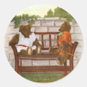 Vintage Drawing: Teddy Bears on a Bench Classic Round Sticker