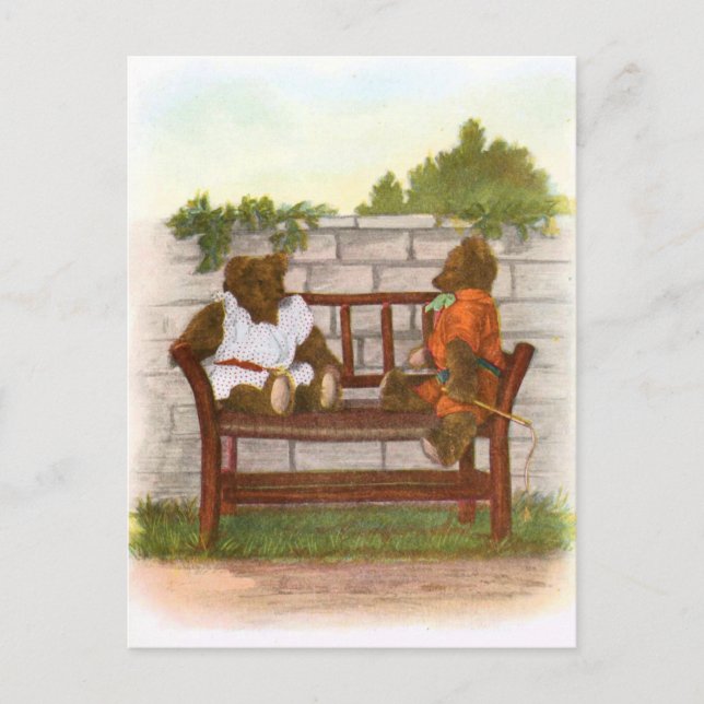 Vintage Drawing: Teddy Bears on a Bench Postcard (Front)