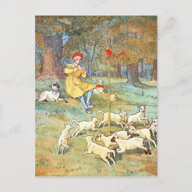 Vintage Drawing: Young Shepherd with his Lambs Postcard (Front)