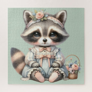Vintage Dressed Cottagecore Raccoon Pastel Jigsaw Puzzle