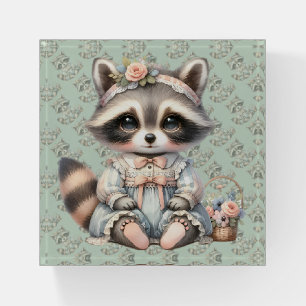 Vintage Dressed Cottagecore Raccoon Pastel Paperweight