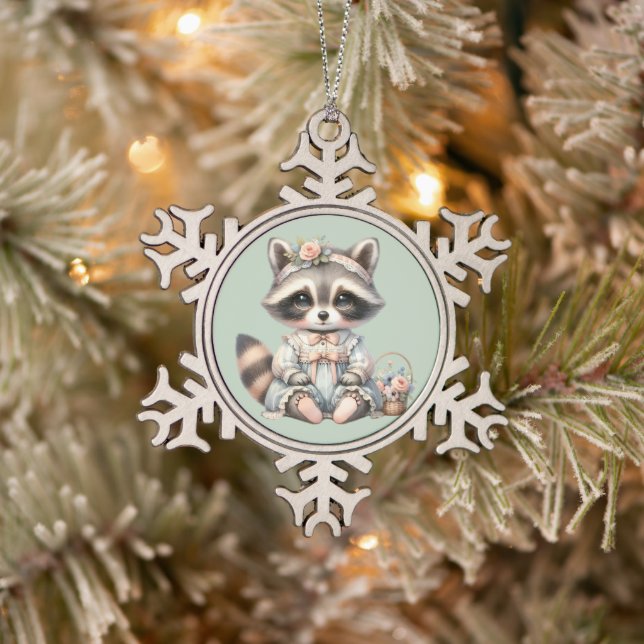 Vintage Dressed Cottagecore Raccoon Pastel Snowflake Pewter Christmas Ornament (Tree)