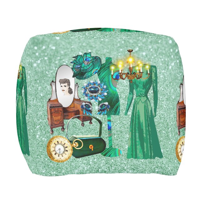 Vintage Dressing Room Green Faux Glitter Pouf (Front)