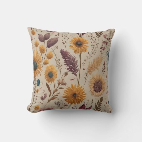 Vintage Dried Flowers Boho Earthy Soft Pastel Tone Throw Pillow