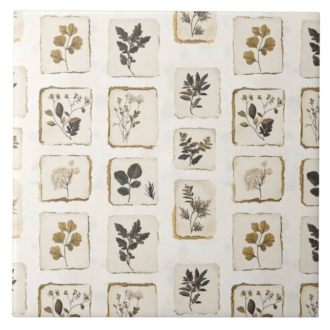 Vintage dried pressed wildflowers herbal botanical ceramic tile (Front)