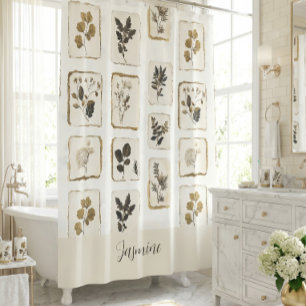 Vintage dried pressed wildflowers Name Monogram Shower Curtain