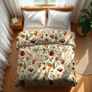Vintage Dried Wildflower Burgundy Pink Yellow Duvet Cover