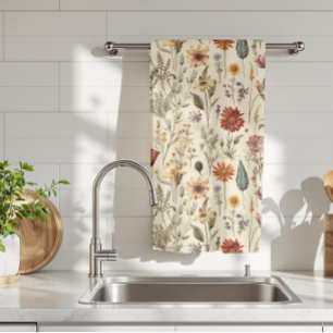 Vintage Dried Wildflower Burgundy Pink Yellow Kitchen Towel