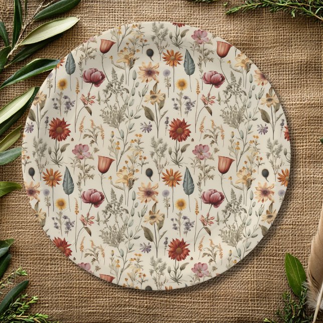 Vintage Dried Wildflower Burgundy Pink Yellow Paper Plates (Creator Uploaded)