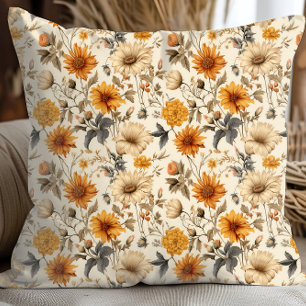 Vintage Dried Wildflower Cream Orange Brown Throw Pillow