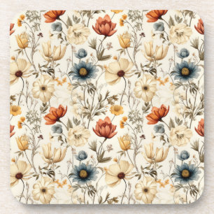 Vintage Dried Wildflower Navy Terracotta Beverage Coaster
